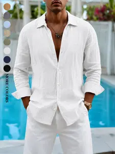 Men's Spring/Autumn Everyday Wear, Beach Vacation Style, Roll-up Sleeve Linen Blend Collared Shirt, Suitable for Home, Outdoor, Urban, Regular, Trendy, Street Style, Casual, Youthful, Simple, Campus, Retro, Versatile, High-Quality, Stylish, Individualisti