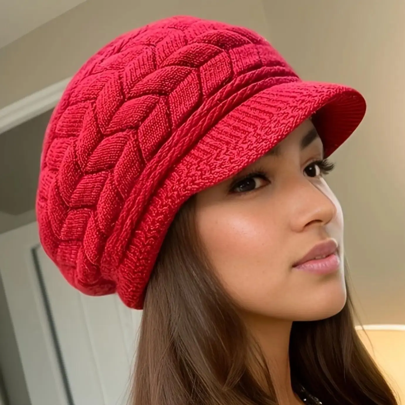 Women's Winter Slouchy Beanie Hat - Cable Knit, Thick Yarn, Ear Flaps, Fringe Trim, Soft Stretchy Warm Fabric, Machine Washable, Cozy Bonnet, No-Sew Fitting, Blonde Hair-Friendly Fashion Accessory, Cable Knit Hats, Thick Yarn Hats