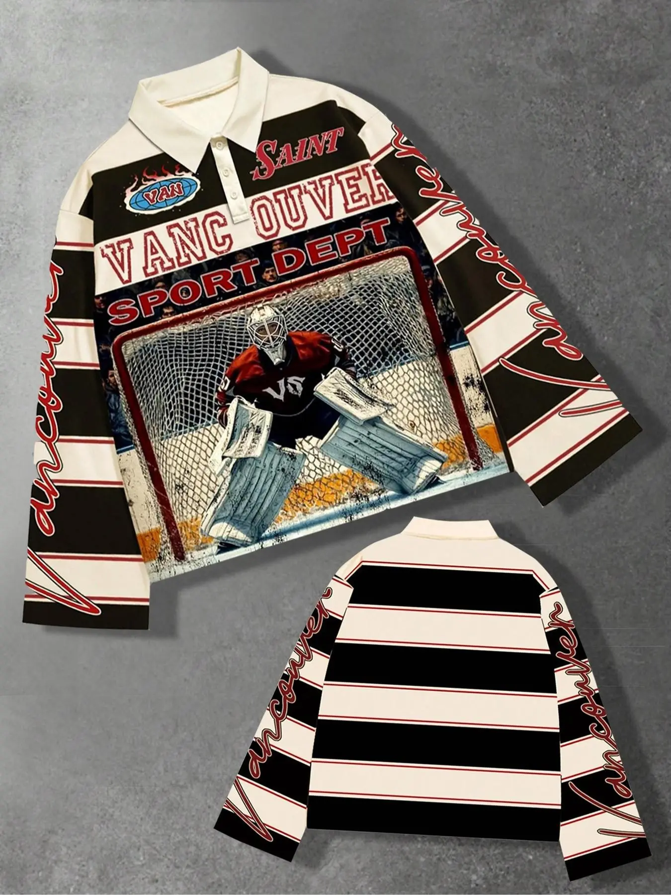 Vancouver hockey goalkeeper print short-sleeved polo shirt for men and women, unisex American retro striped color-blocked lapel long-sleeved women's autumn and winter street style men's long-sleeved shirt.