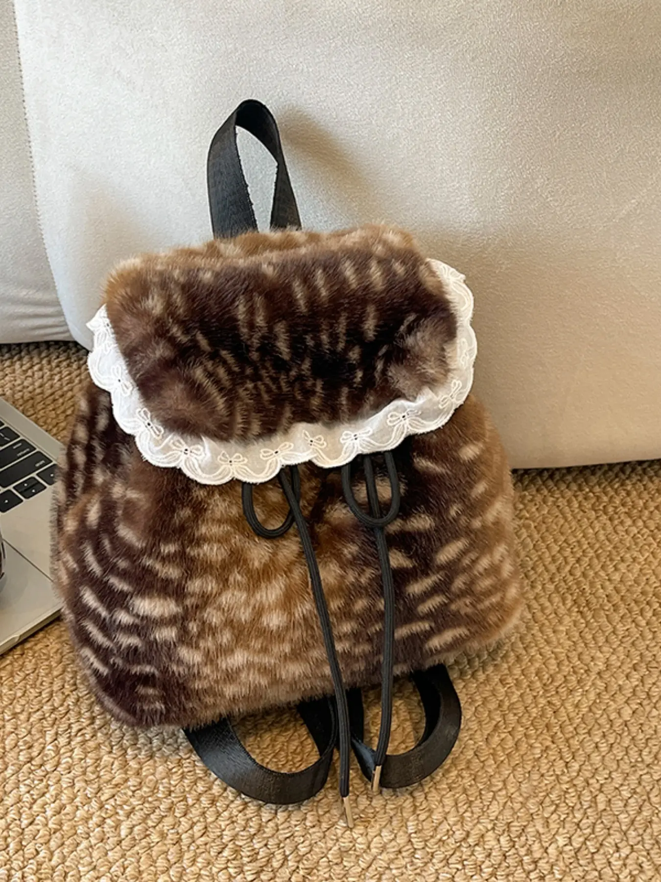 Vintage Spot Plush Mini Backpack, Women's Soft Lace Drawstring Bag, Cute Fall Winter Fuzzy Small Bag, Plush Casual Backpack, Autumn Atmosphere
