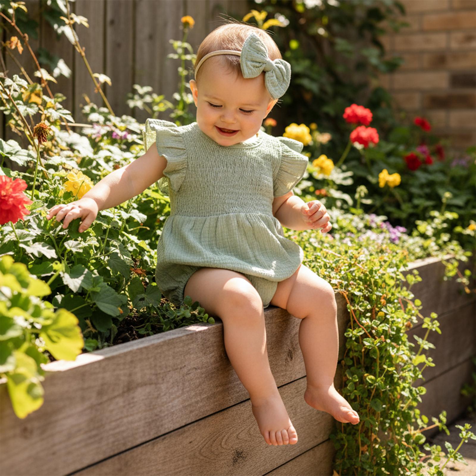 Newborn Baby Girl Romper Ruffle Sleeve Solid Smocked Bubble Romper Jumpsuit Bow Headband Cute Infant Summer Clothes