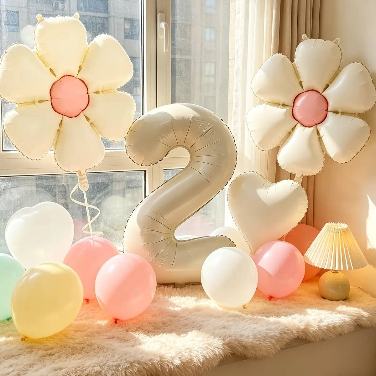 6Pcs Cream White Number Foil Balloon Set, 32 Inch Cream White Number Balloons (1Pcs), 18 Inch Daisy & Heart Foil Balloons with White Ribbon, Party Decor for 2nd Birthday, Anniversary, Wedding, Bridal Shower & Graduation