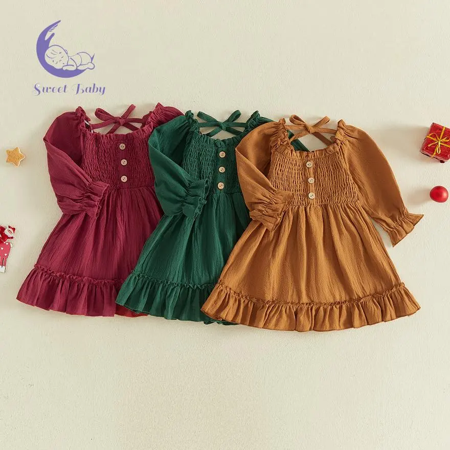 Toddler Girls Fall Dress Solid Color Buttons Square Neck Long Sleeve Dress Casual Dress