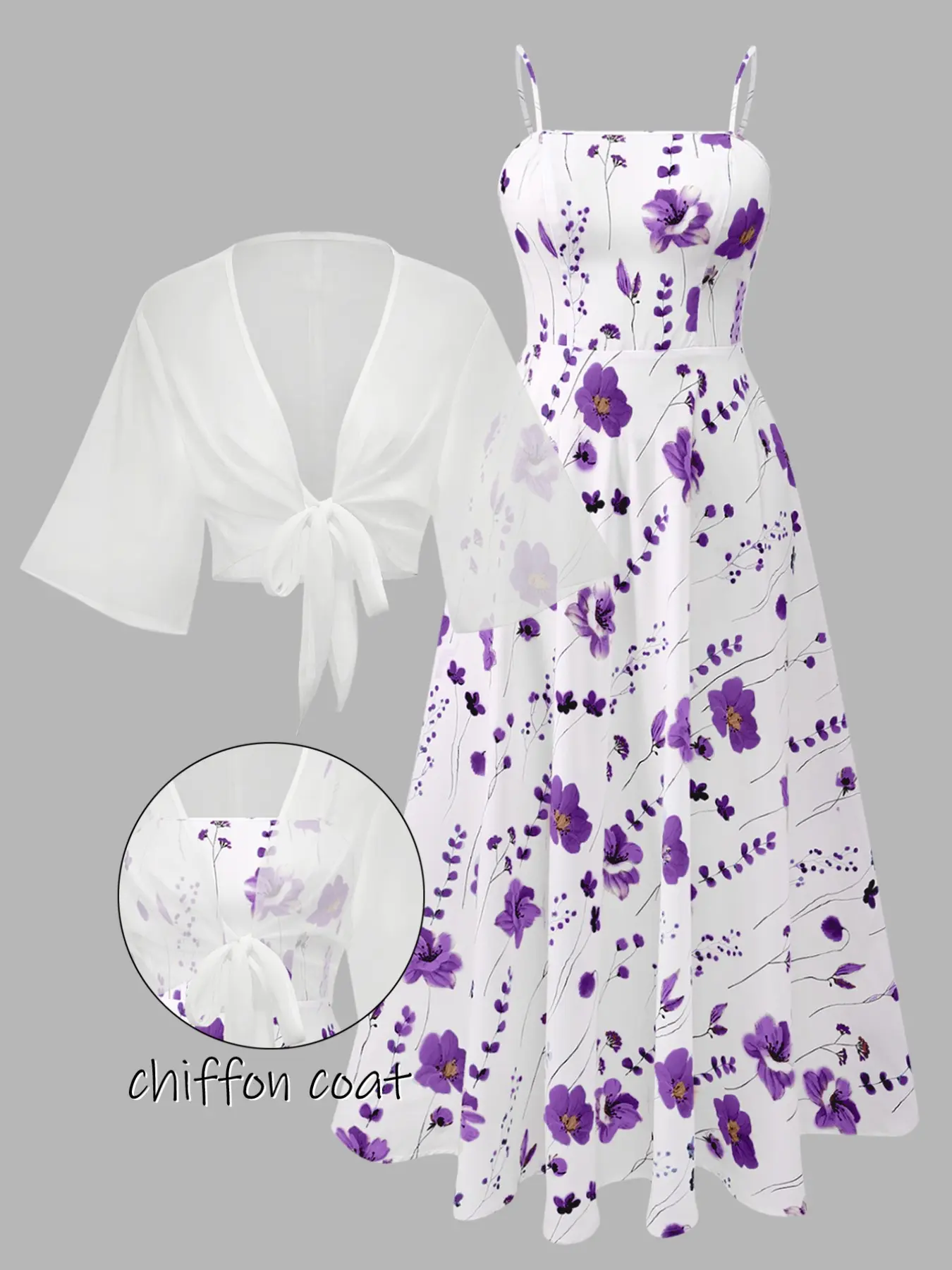 Plus Size Women's Fashion Summer Floral Dress, Chiffon Jacket Two-Piece Set, Elegant Valentine's Day, Casual Wear