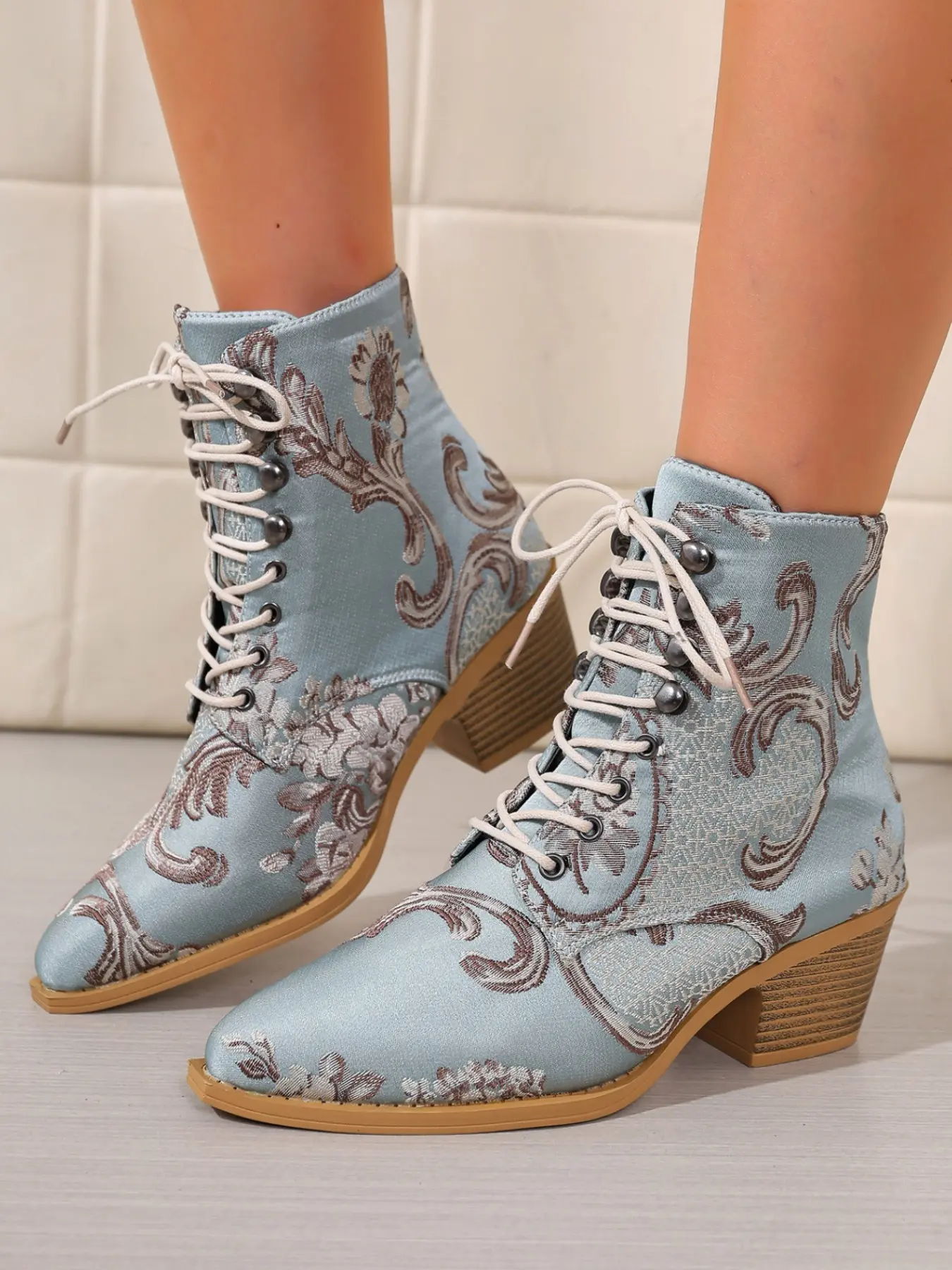Boho Western Boots, Paisley Floral Tie-Strap Short Boots, Vintage Jacquard Print, Soft Pointed Toe, Chunky Heel, Spring & Fall Fashion Shoes