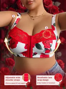Women Plus Size Wireless Front Closure Bra, Wide Adjustable Straps Side Support, Red Rose Floral Lace Breathable Comfort Bra For Big Bust Daily Casual Loungewear