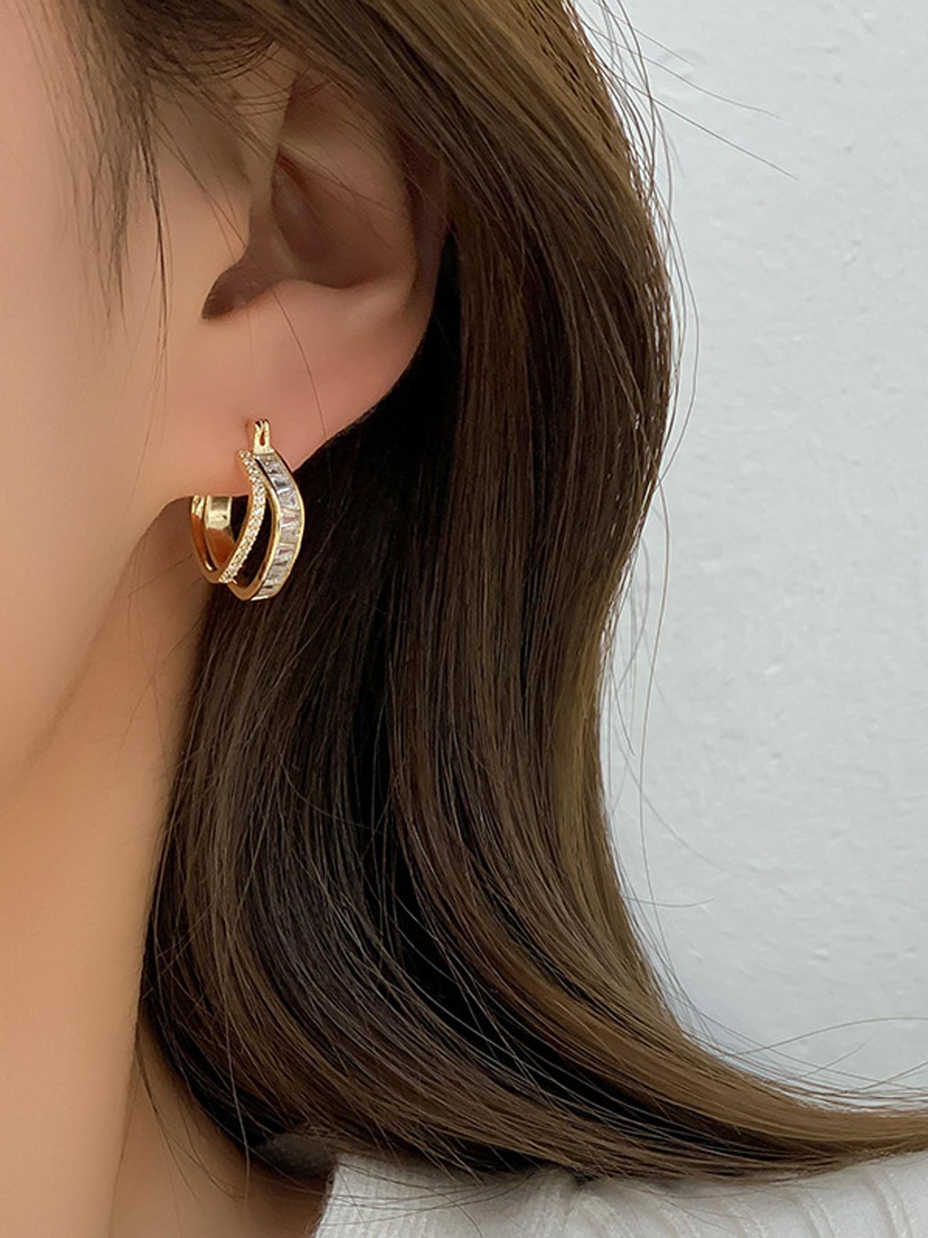 Elegant Artificial Zircon Decor Earrings, Zirconia Hoop Earrings, Fashionable Jewelry for Women, Trendy All-match & Exquisite Jewelry for Birthday Gift