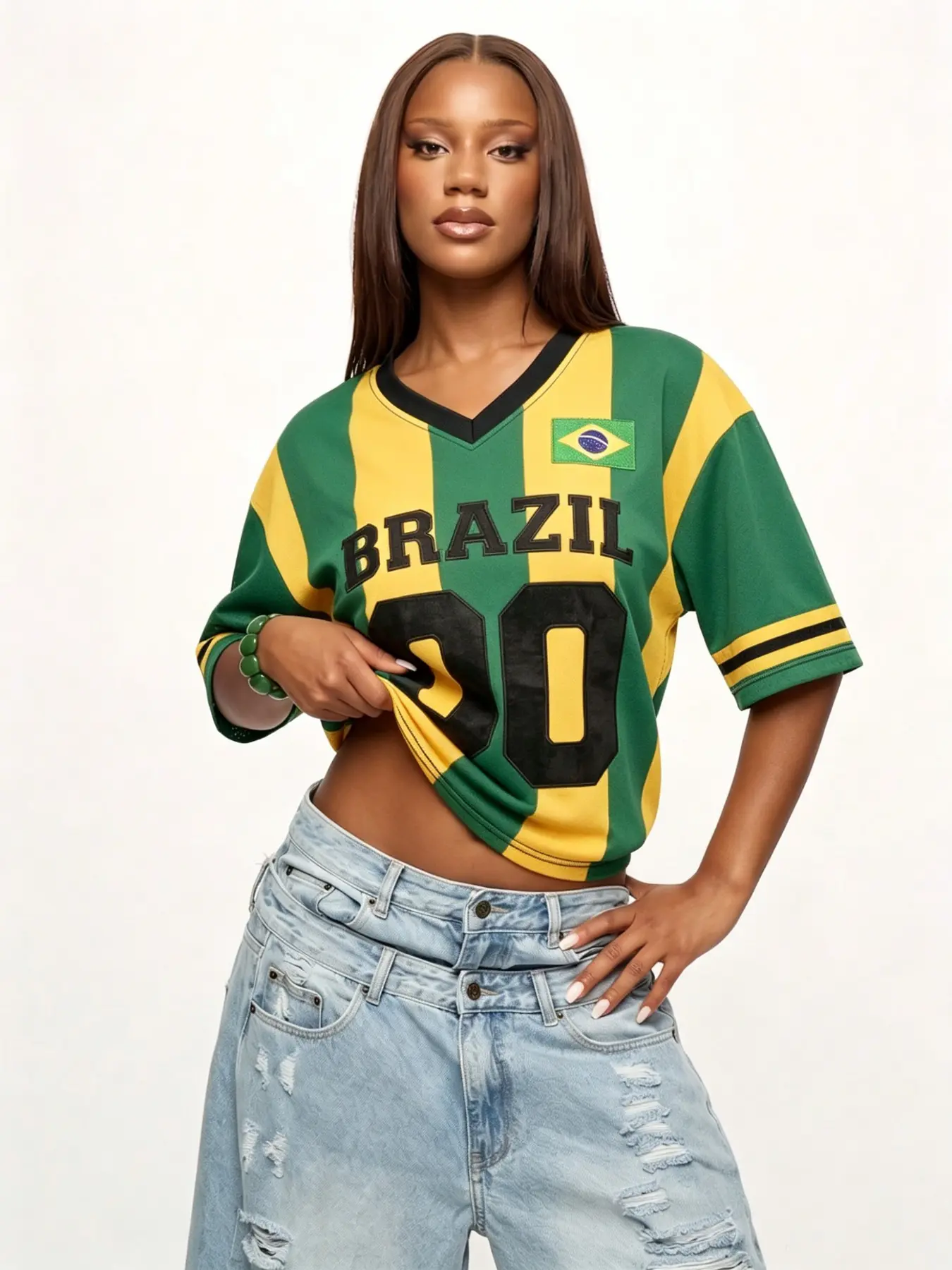 Unisex Brazil 00 Flag Print Oversized Baggy Mesh Jersey T-Shirt,2026 Y2K Streetwear Green Yellow Striped V-Neck Short Sleeve Tops,Loose Fit Casual Aesthetic,Daily Wear, Street Style,Lightweight, Breathable Brazil Flag Jersey for Men Women