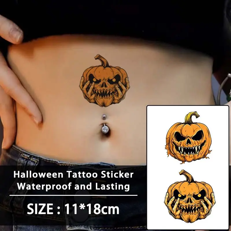 Halloween Evil Pumpkin Head Colorful Temporary Tattoo Stickers, Long-Lasting Waterproof, Realistic Fake Tattoos for Face, Arm, Leg, Chest, Collarbone, Back