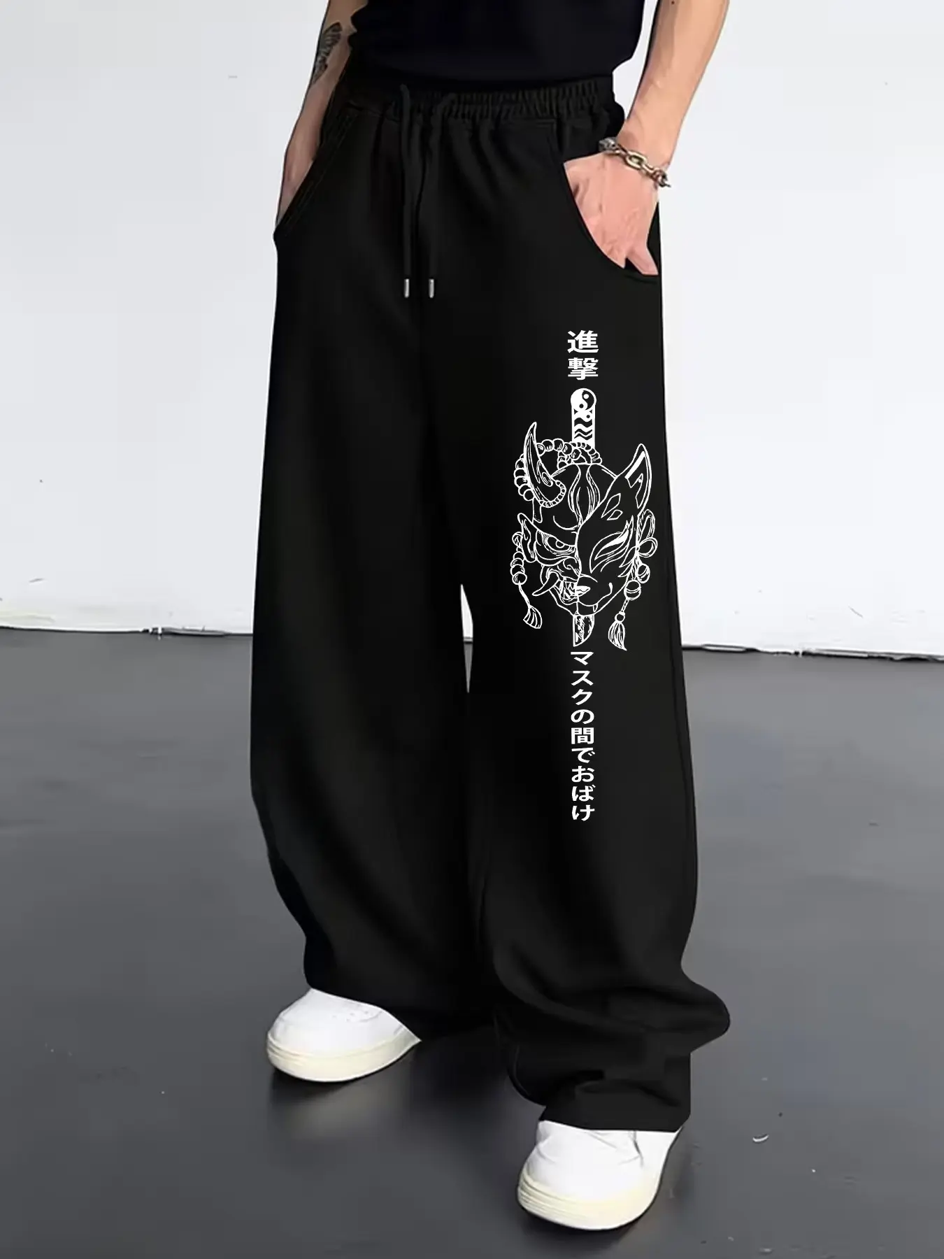 Black Wide-Leg Sweatpants with Vertical Japanese Oni Mask Samurai Sword & Japanese Text Print, Drawstring Waist Dark Streetwear Draping Straight Floor-Length Trousers