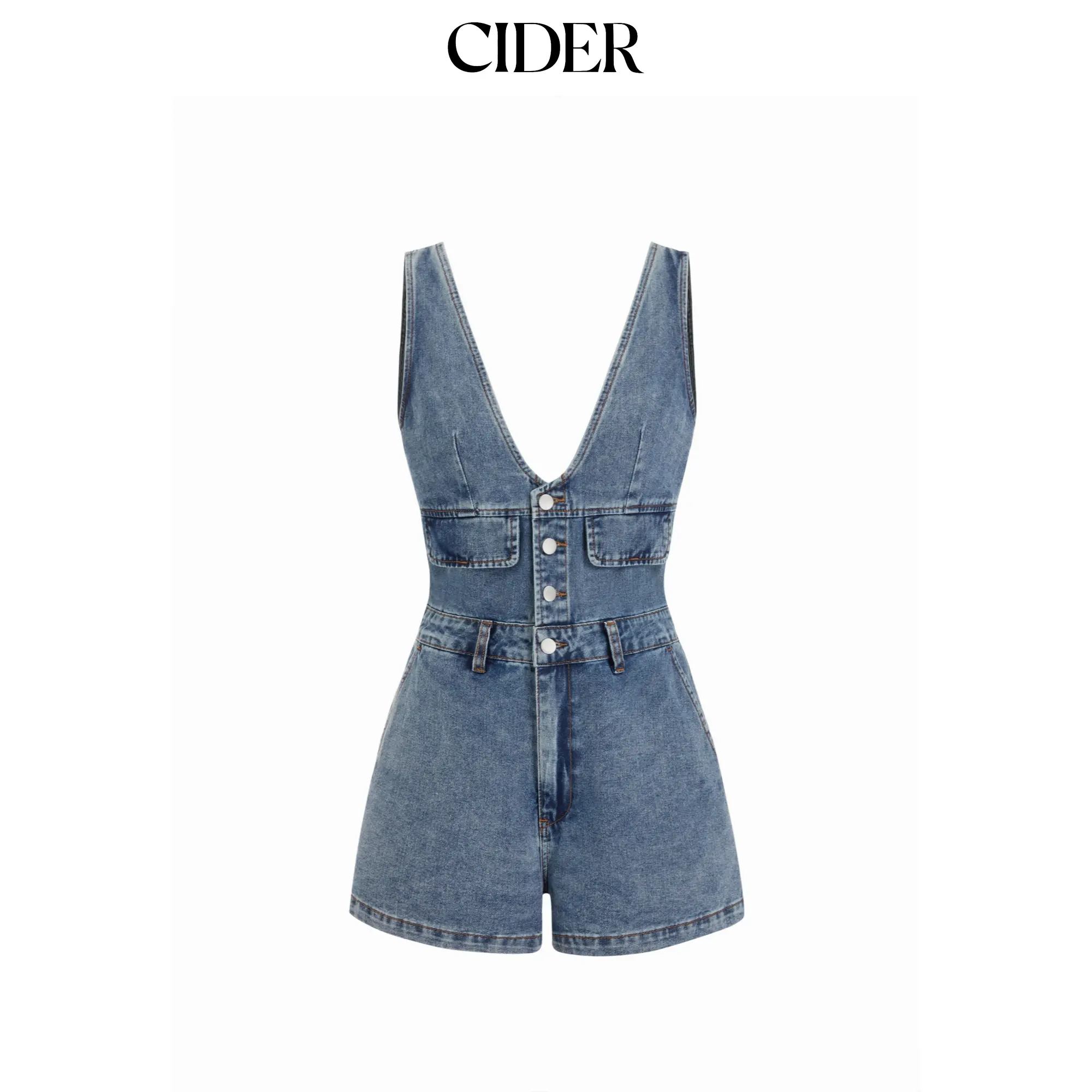 Cider Women's Denim Look Romper with V-Neck, Short Sleeves, Button Front and Metal Utility Hardware, Overalls, Fitted, Jumpsuit Shorts, Multi-Size, Strap, M - 6, Metal Hardware