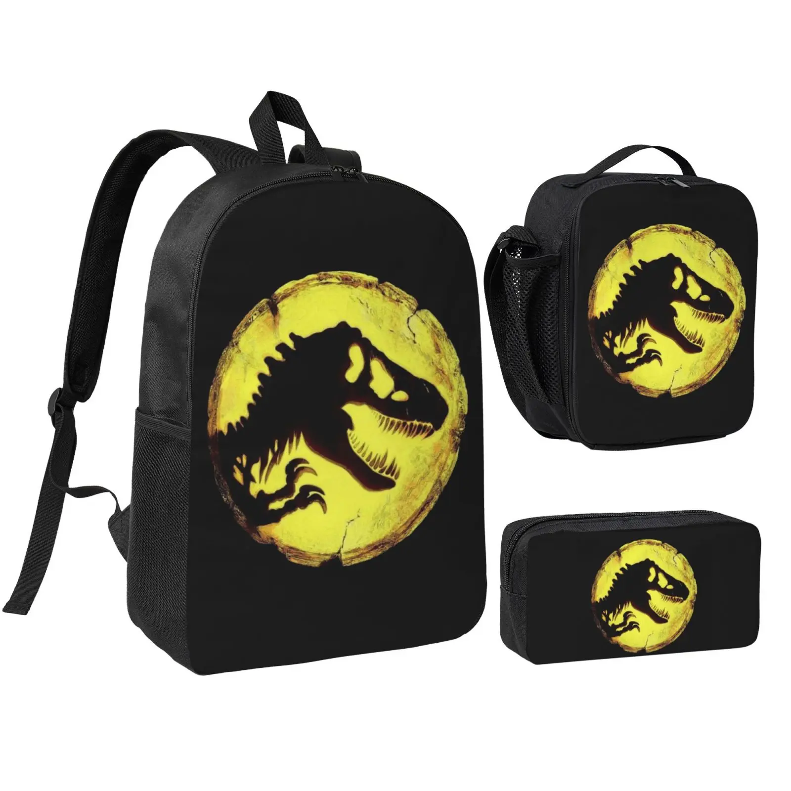 Anime Jurassic Park 3-Piece Foam School Travel Backpack Set for Teens, Adjustable Strap Waterproof Synthetic Kids Bookbag with Insulated Lunch Bag & Zip Pencil Case, Lightweight Daypack, Christmas Gift, Graphic