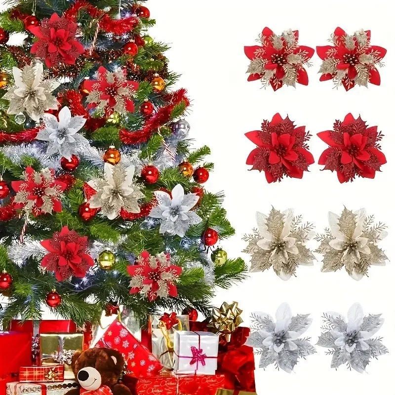 10/20pcs Glitter Christmas Star Floral Hanging Ornament Set, Shiny Glitter Christmas Flower Decorations - Perfectly Suitable for Christmas Trees, Holiday Wreaths, and Home Decor, a Versatile Multi-Functional Christmas Gift