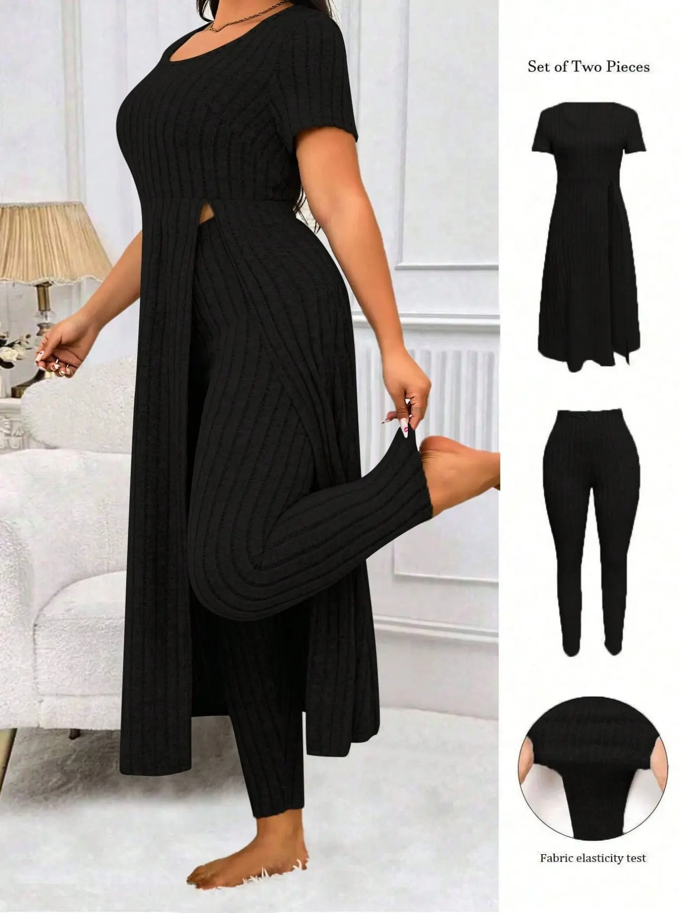 Plus Size Women's Solid Color Ribbed Split Hem Long Tunic Top with Leggings, Casual Minimalist Style. Very Comfortable Home Wear Clothes Outfit