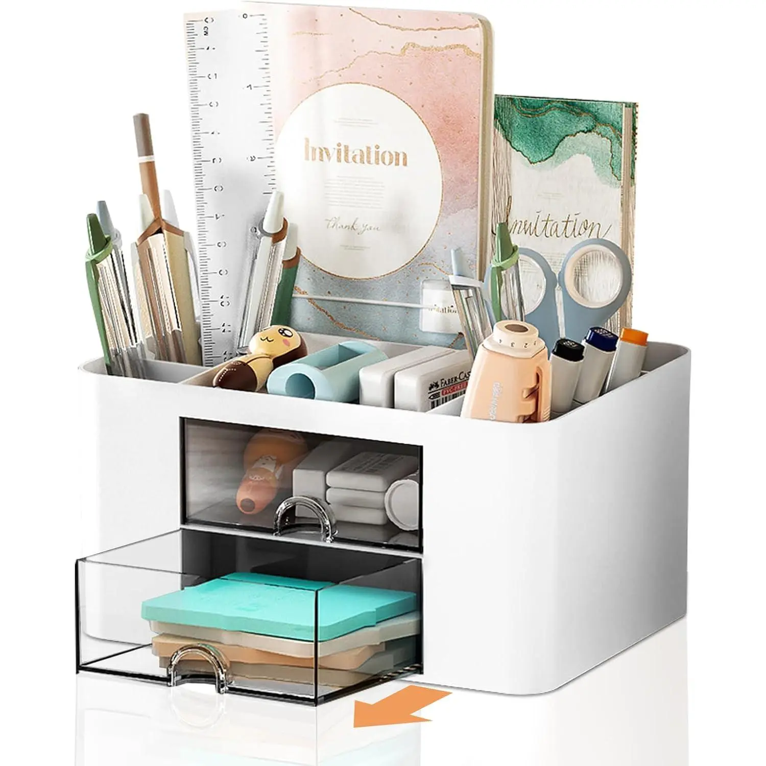 Pencil Pen Holder for Desk,2 Drawer Desk Organizers,5 Compartments Desktop Storage Stationery Supplies Organizer, Cute Pencil Cup Pot For Office, School, (White)