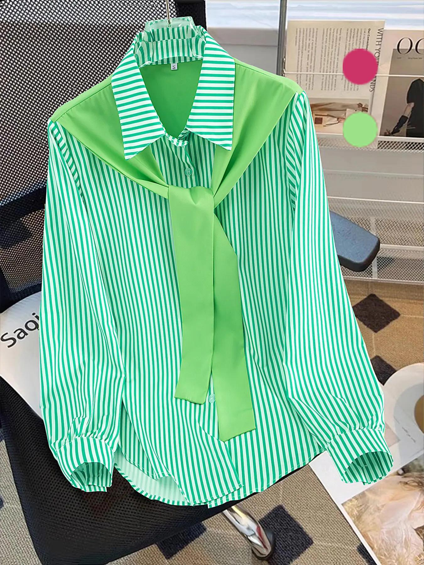Women's Striped Print Tie Front Shirt Blouse, Casual Long Sleeve Collared Top for Spring & Fall, Women's Clothing for Daily Wear