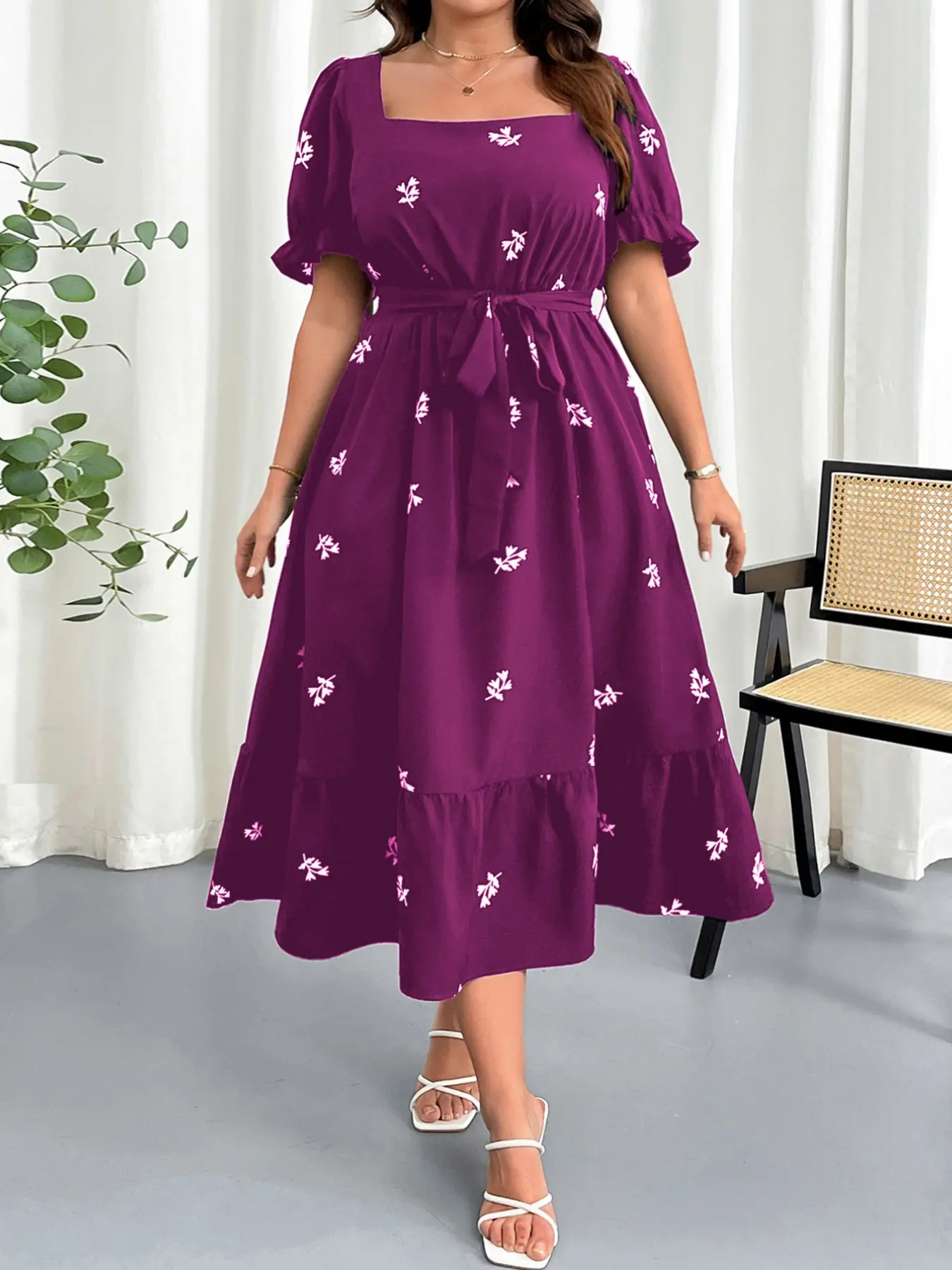 Plus Size Women's Embroidered Floral Waist Cinched A-Line Midi Dress, Comfortable Flowy Fit, Conceals Belly, Versatile for Daily Wear