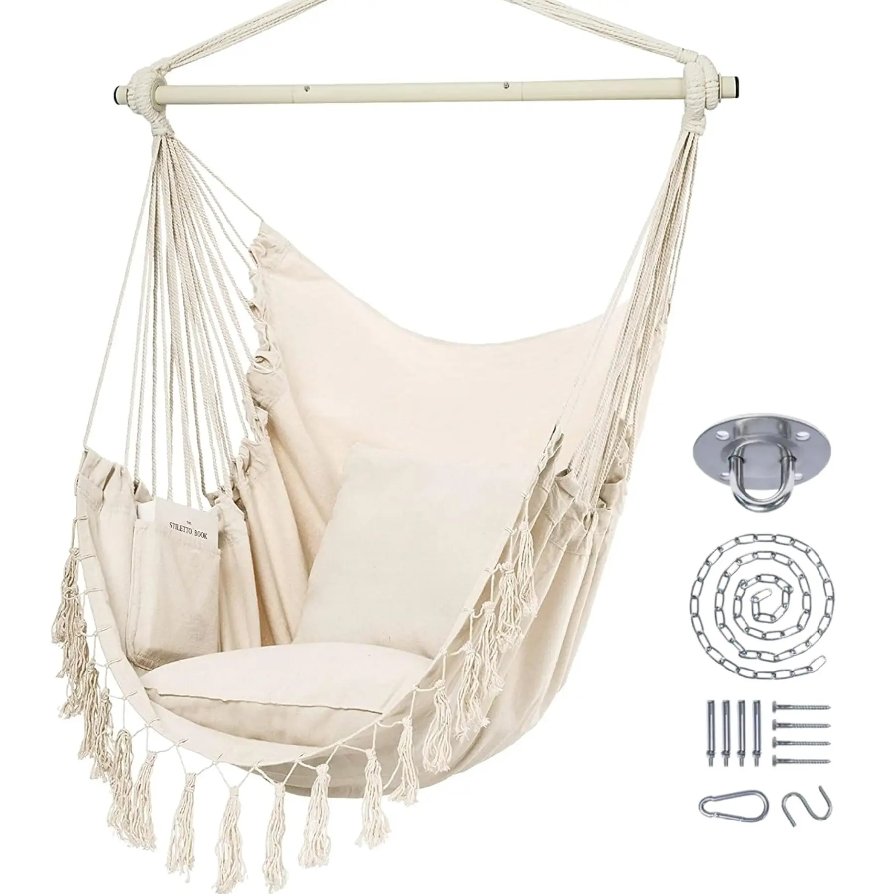 Boho Hanging Chair with Pockets, Large Woven Swing Bench for Garden Patio Indoor, Includes 2 Cushions, Perfect for Relaxing, Outdoor Swing Chair