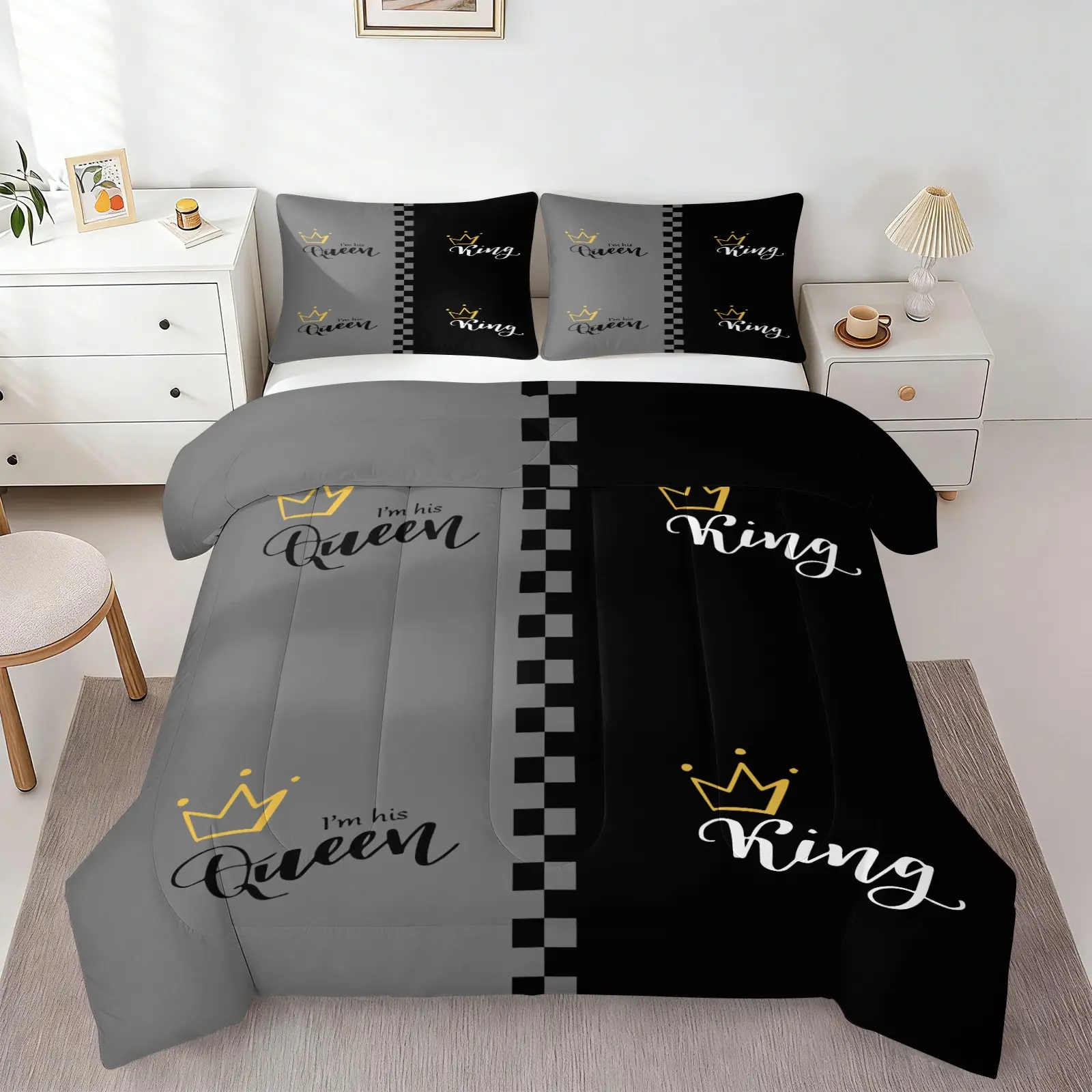 King and Queen Comforter Set, 1 Quilt & 1/2 Pillowcase, Gold Crown Couple Decorative Bedding Set, No Pillow Insert for Men Women Adults Black Gray Plaid His Hers Theme Bedroom Dorm Decor, All Season Lightweight Bed Set