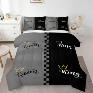 King and Queen Comforter Set, 1 Quilt & 1/2 Pillowcase, Gold Crown Couple Bedding Set, No Pillow Insert for Men Women Adults Black Gray Plaid His Hers Theme Bedroom Dorm Decor, All Season Lightweight Bed Set