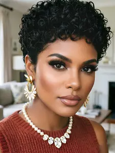 Curly Short Wigs for Women, Human Hair Curly Pixie Cut Wigs, Machine Made, Daily Use, Stylish and Comfortable Wig Option