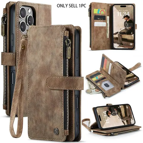 Magnetic Retro High Grade Leather Zipper Multi Card Wallet Phone Case Cover, 1 Count Dropproof Shockproof Phone Case with Handle Strap, Multifunctional Bag Protective Case for iPhone Smartphone Accessories Stylish Protective Cover Mobile Phone Cover