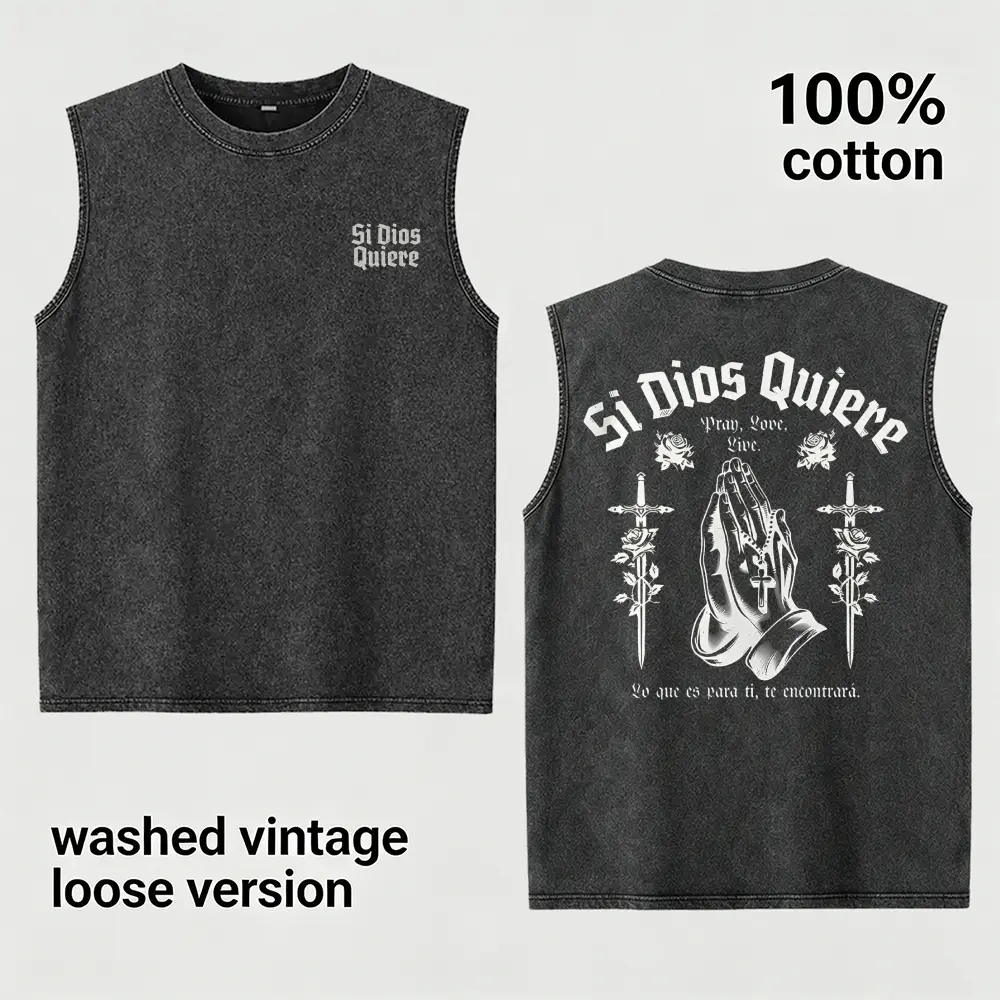 Men's Vintage Washed Tank Top Si Dios Quiere Spanish Christian Graphic Muscle Shirt 100% Cotton Praying Hands Sleeveless Tee
