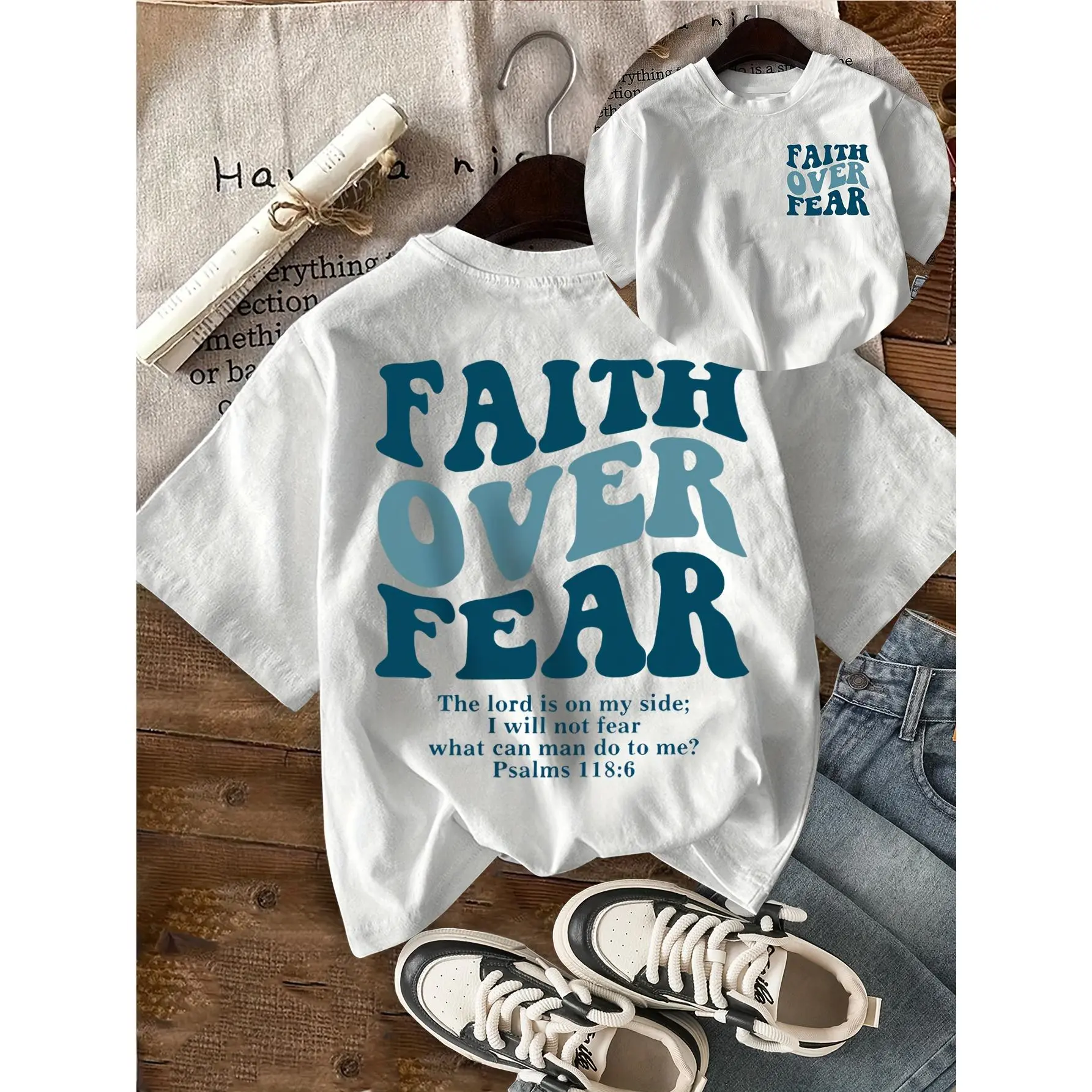 [Double-Sided Printing] Faith Over Fear Inspirational English Pattern Letter Print Short-Sleeve Round-Neck T-Shirt,Faith Over Fear Double Sided Christian T-Shirt Psalm Scripture Faith Tee,christian clothing