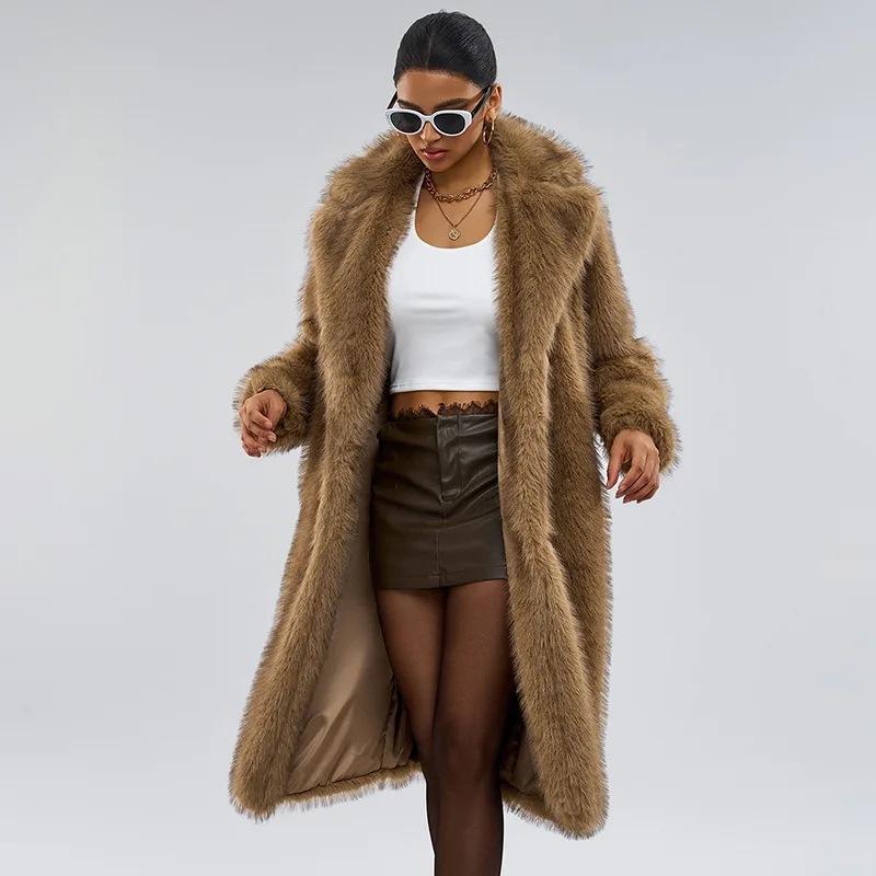 European And American Style Autumn Winter Women's Long Faux Fur Coat With Blazer Collar Faux Fur Jacket Outerwear Womenswear1123