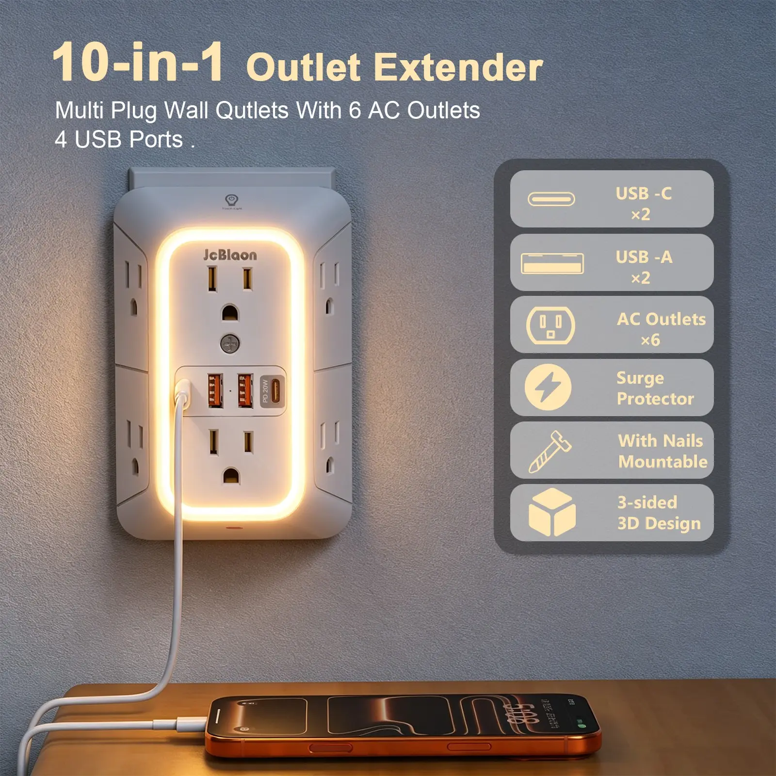 Upgrade 20W/30W PD Fast Charging 10‑in‑1 Multi Plug Outlet Extender, Surge Protector Wall Plug Adapter with 6 AC Outlets 4 USB Ports & LED Night Light 3‑Sided Space‑Saving for Home Office,ETL