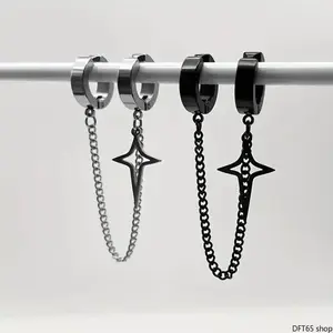 Polished Stainless Steel Chain Duster Clip On Earring Secure Spring Back Non Piercing Design Smooth Rust Resistant Surface Unisex For Men Women Hip Hop Street Outfit Portable Edgy Urban Decorative Costume Jewelry Accessory
