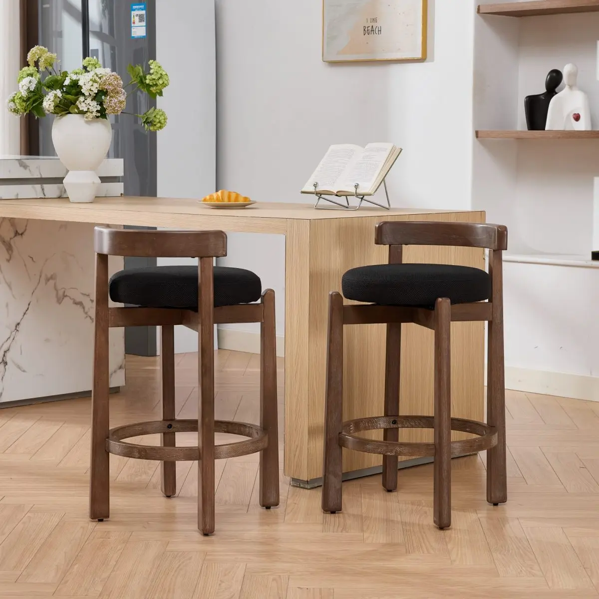 2-Pack Swivel Counter Stools - 26-in Seat Height, 360 Barstools, Rustic Mid-Century Modern, Solid Wood Frame, Soft Linen Upholstery, Foam Filler, Footrest, Ideal for Kitchen Island, Social Gatherings, Black, SW1882BK, Customized Service Available, Swivel,