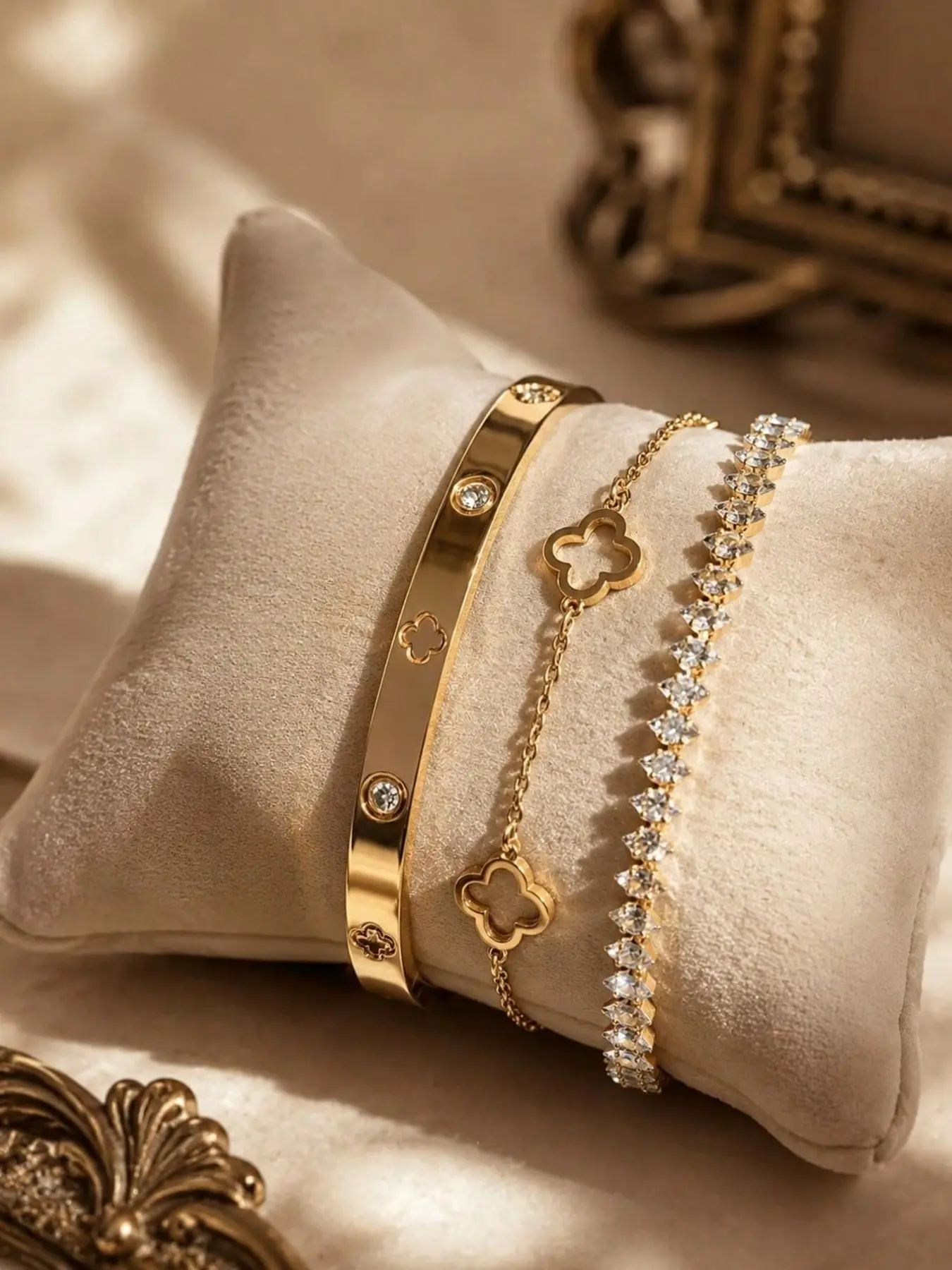 3pcs/1pc Luxury Style Stackable Stainless Steel Bracelet, Rhinestone Clover Bracelet, Sparkling Zirconia Tennis Bracelet, High-End Daily Wear Best Friend Birthday Gift Bracelet