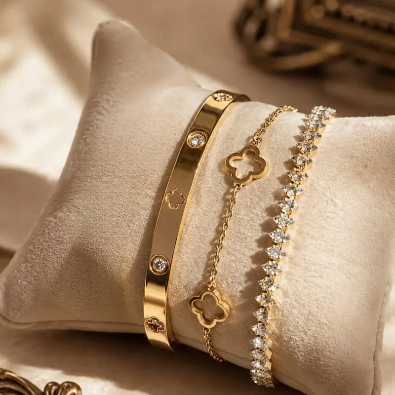 3pcs/1pc Luxury Style Stackable Stainless Steel Bracelet, Rhinestone Clover Bracelet, Sparkling Zirconia Tennis Bracelet, High-End Daily Wear Best Friend Birthday Gift Bracelet