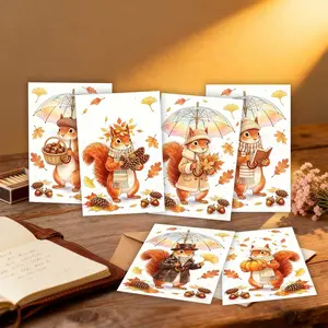6-Set/12-Set/24-Set 2D Flat-Printed Autumn Healing Squirrel Themed DIY Greeting Card Set, with Envelopes & Blank Writeable Inner Pages, Blessing & Message Cards, Multi-Purpose Thank You & Greeting Cards Suitable for Daily Gifting
