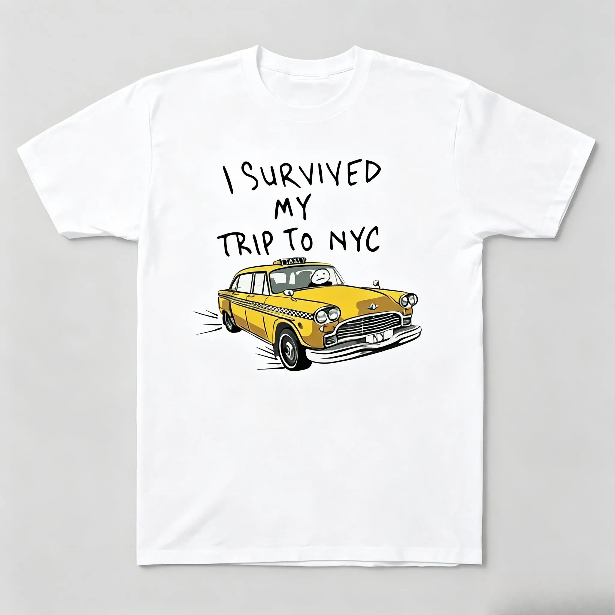 Menswear 100% Cotton Short-Sleeve Breathable Graphic Print Crewneck T-Shirt - Unisex NYC Vintage Yellow Taxi Zendaya Spiderman Meme Casual Streetwear Tops, Shortsleeve, Denim, Joggers, Matching, Round Neck, Retro, Fabric