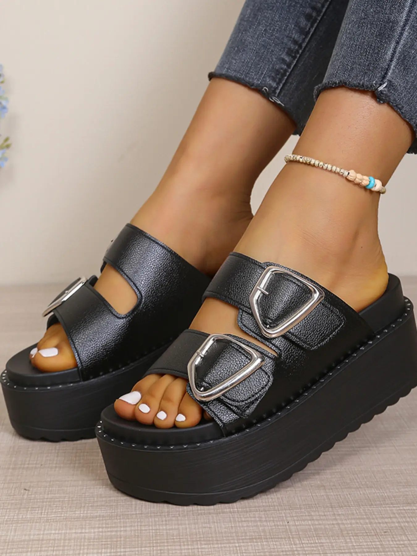 Women Platform Slide Sandals Double Buckle Decor Open Toe Wedge Slides Non‑Slip Summer Shoes For Beach Vacation Shopping Street Wear