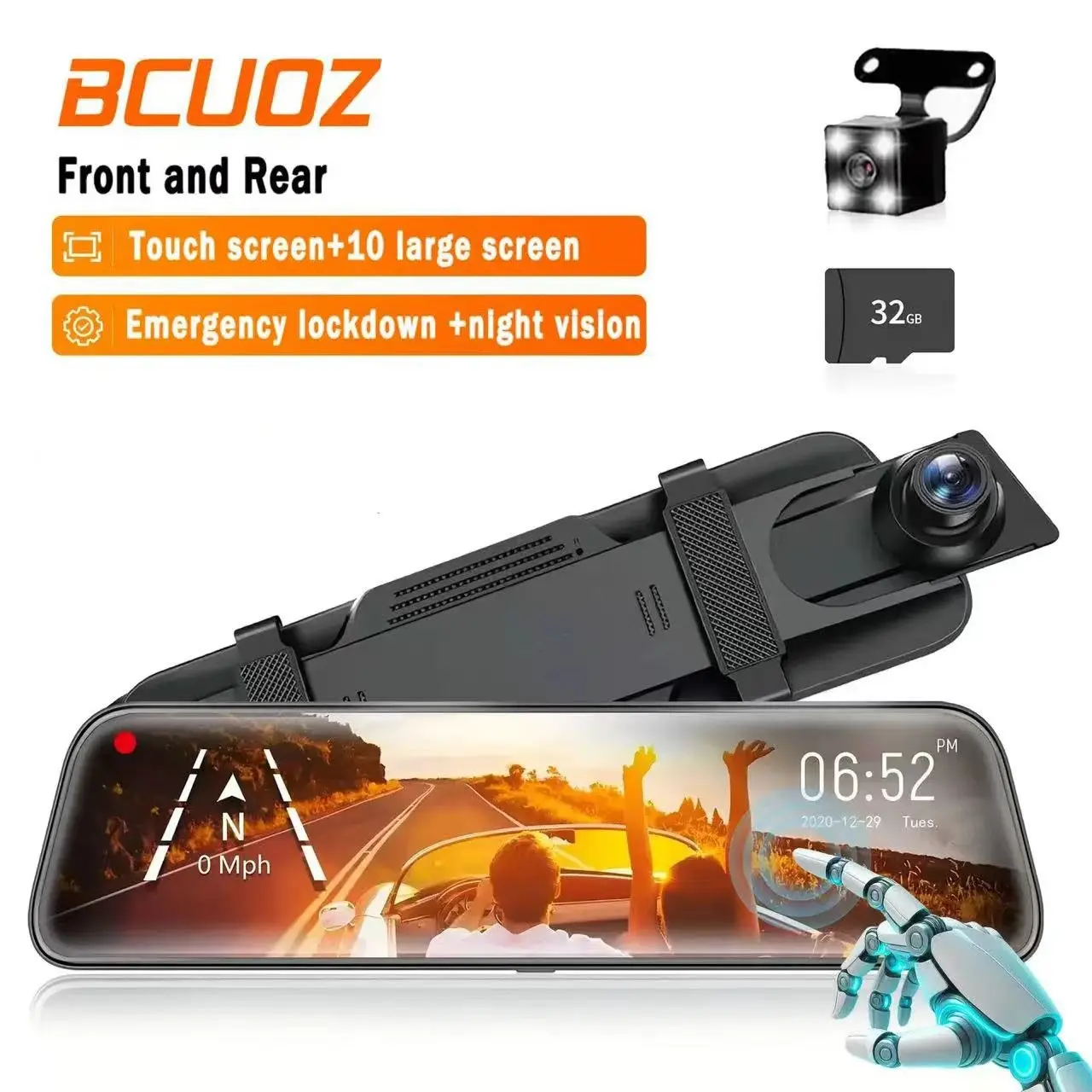 Rearview Mirror Dash Cam 10 Inch, Full HD Front Rear Cameras, Touchscreen, Night Vision, 170° Wide Angle, Abs Enclosure Material, Dual Dashcam