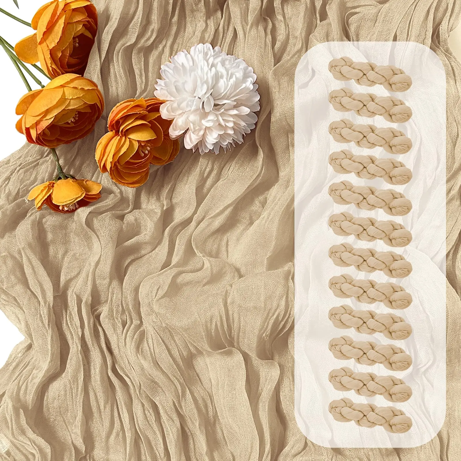 6/12 Pack Pleated Look Beige Polyester Cheesecloth Table Runner (17x108 in) - Semi Sheer Boho Gauze, Machine Washable, Avoid Direct Sunlight, for Wedding, Farmhouse Home Decor