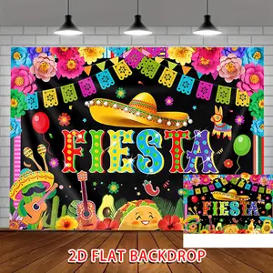 Colorful Mexican Fiesta Party Backdrop, Cinco de Mayo Celebration Banner, Taco Theme Birthday Photo Booth Prop, Sombrero Guitar Tapestry
