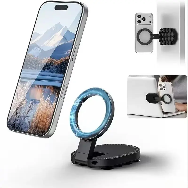 Magnetic Suction Phone Mount, Desktop Stand for iPhone 17/16/15/14, Wall & Glass Compatible, Car Dashboard, Gym, Kitchen, Office Use