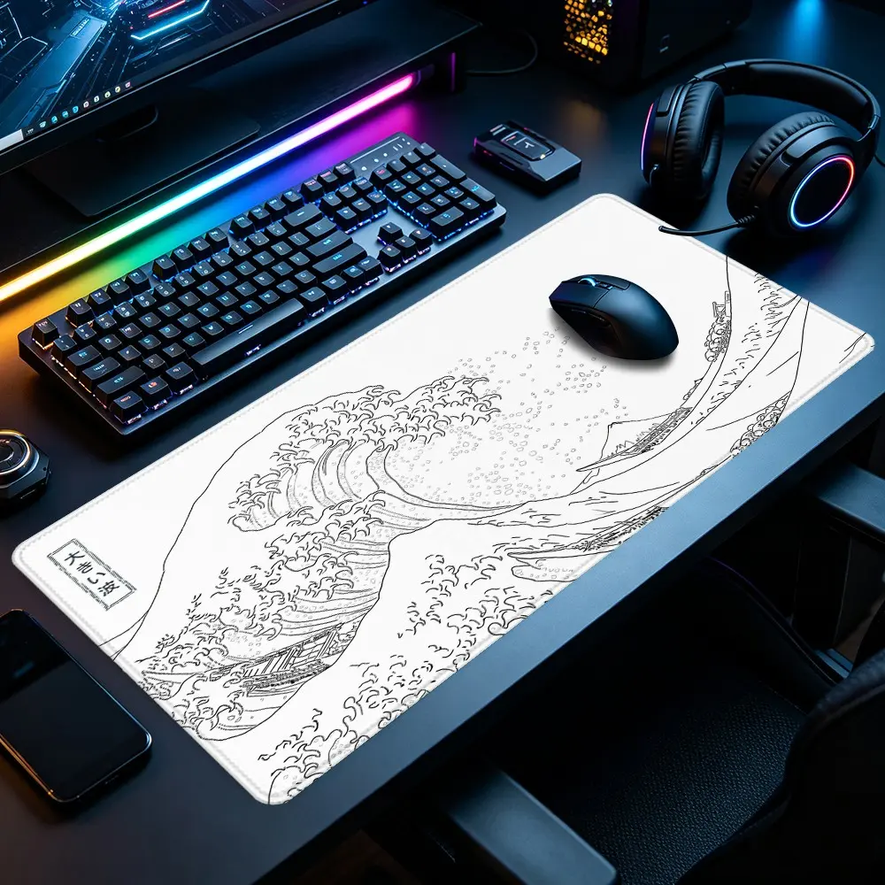 Great Wave Ukiyo-e Large Extended Gaming Mouse Pad, Minimal Clean Japanese Sketch Desktop Protector, Smooth Non-Slip Rubber Lock Edge Desk Mat For Gaming Office Gift For Friends, Aesthetic Desk Accessories