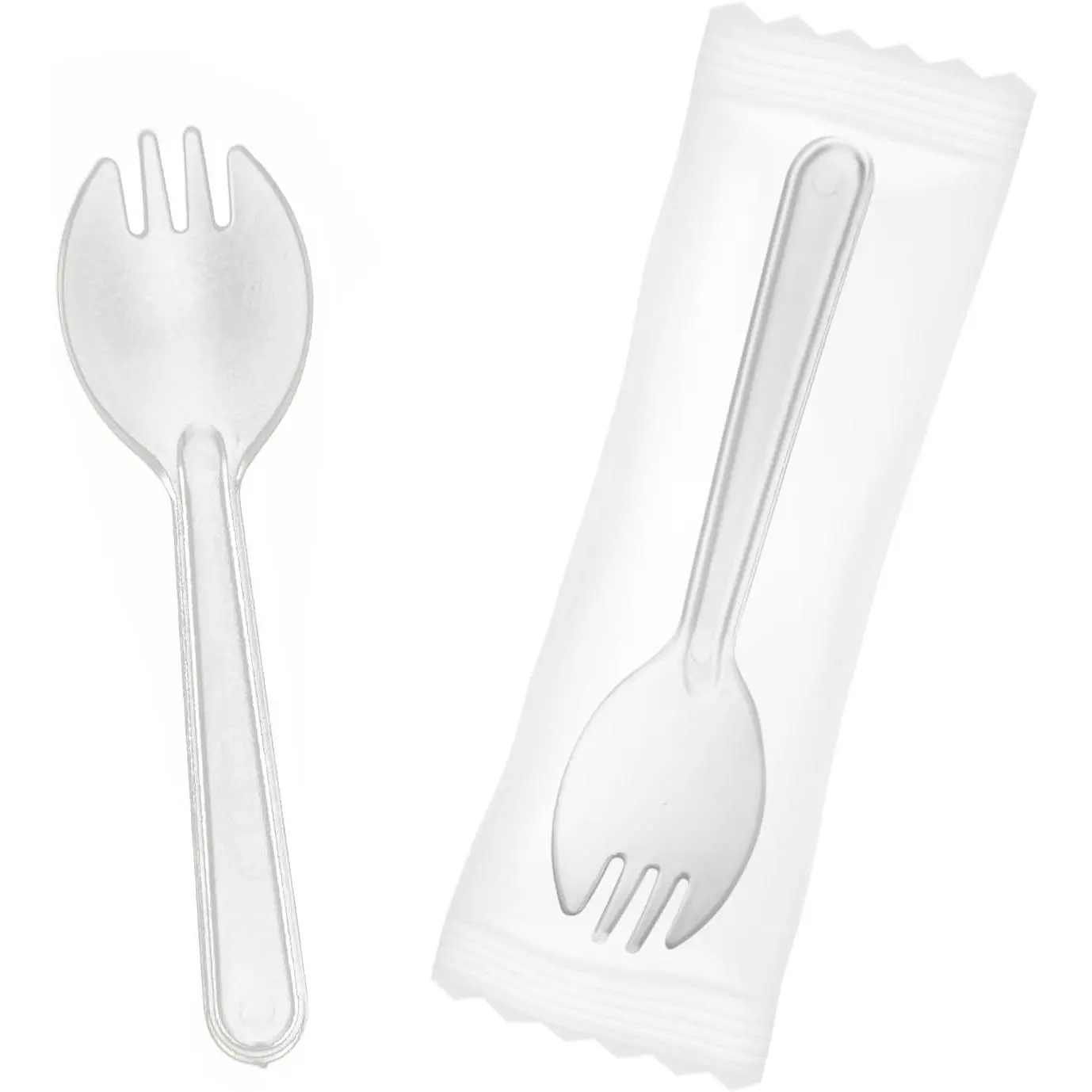 Disposable Individually Wrapped Clear 2-in-1 Plastic Sporks Small Utensils 4.3" 100 PCS