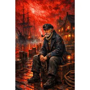 2d flat painting 5D DIY Diamond Painting Kit with Round Diamonds Full Drill Including Tools, Vintage Sea Captain Smoking Pipe Scene, Sparkling Wall Art for Living Room Bedroom Home Decor Gift for Adults