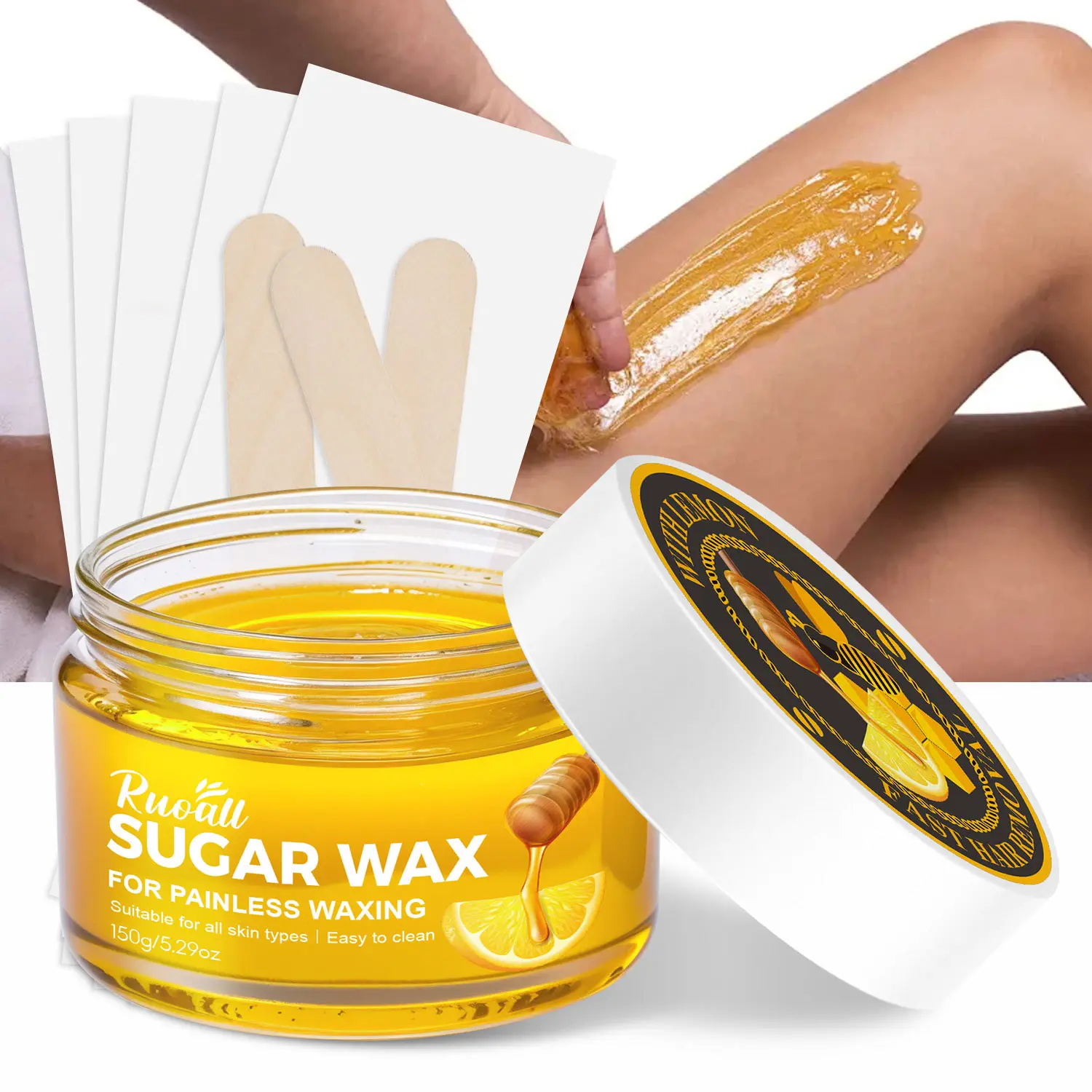 Summer Must Have Natural Sugar Wax Depilatory Kit Painless Honey Lemon Hair Remover Wax Complete With Wax Paper And Wooden Sticks For Home Self Waxing