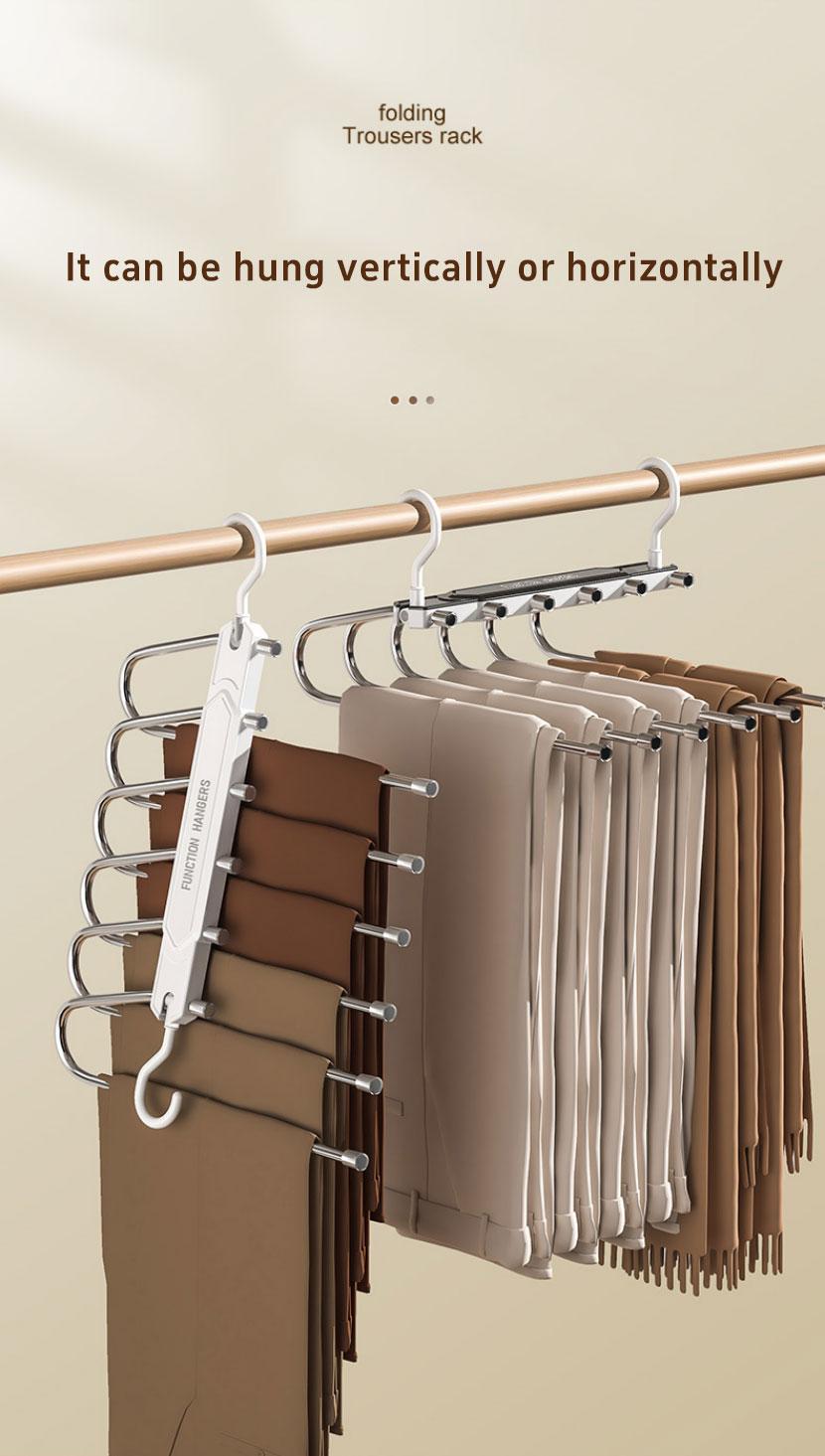 6 Layer Pants Hanger Space Saving Closet Organizer with 65mm Wide Spacing, Anti-Slip Multifunctional Pants Rack for Jeans Trousers Wardrobe