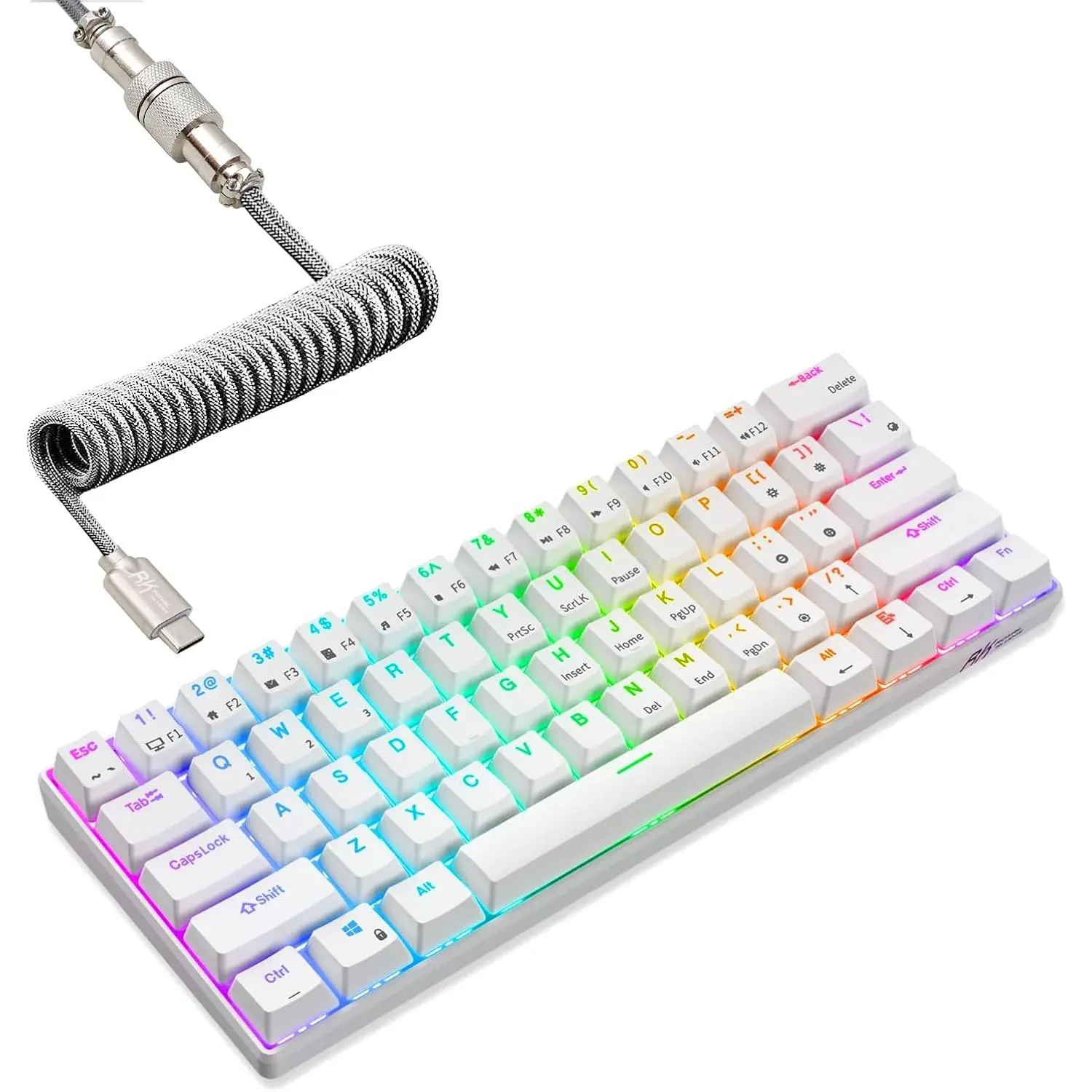61  Mechanical Keyboard with Coiled , White | 60% RGB Gaming Keyboard with /2.4GHz/Wired, Hot Swappable 61  Ultra-Compact for Win//PC, Tactile Brown