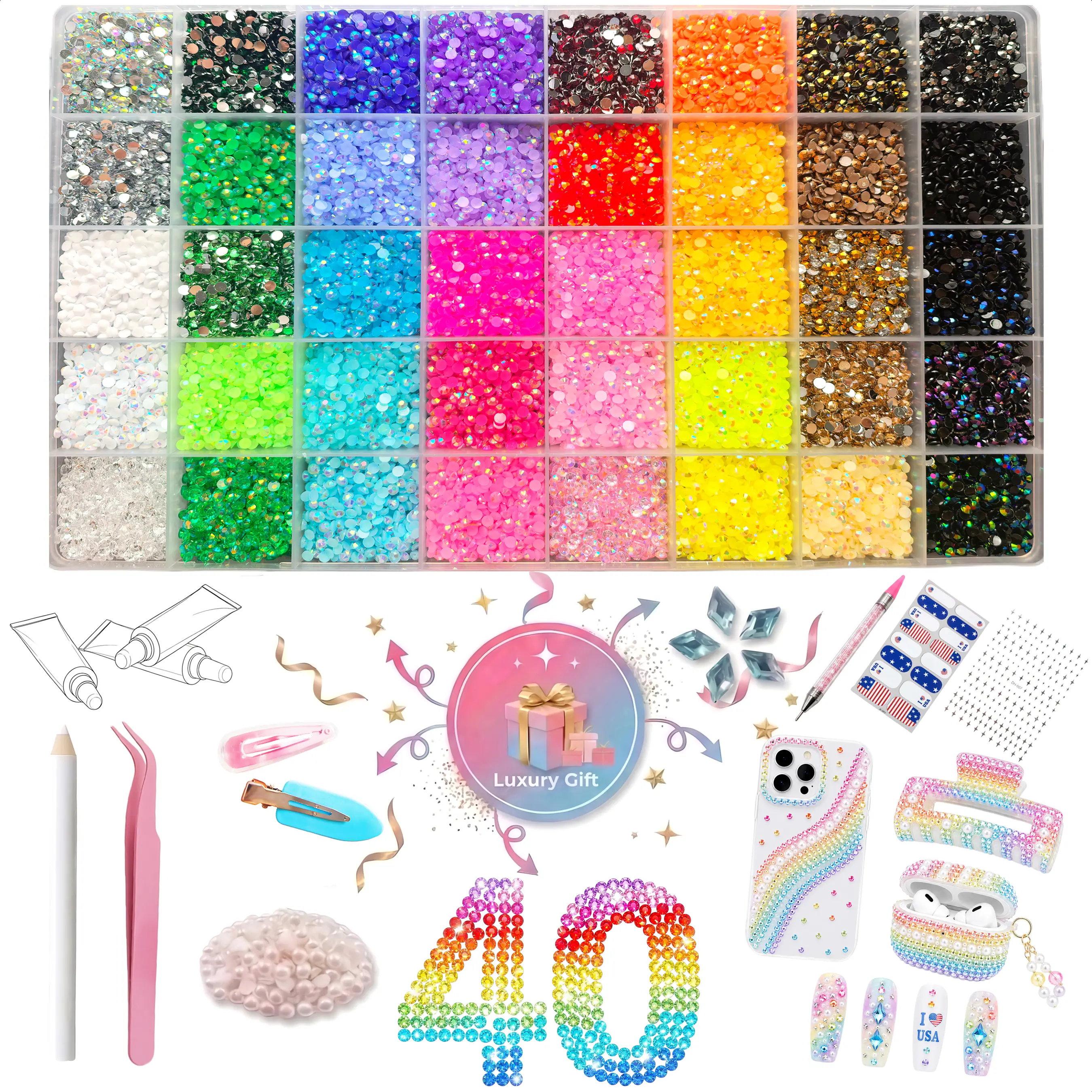 40 Color Ultimate Jelly Rhinestone Bedazzling Kit, 42,000+ 3mm Sparkly Resin Gems with Dual-Ended Pickup Pen, Tweezers, Pearls, Star Nail Stickers, Blue Shape Gems,Nail Tools, Hair Clips & USA Nail Stickers All Tools for DIY Phone Cases, Nail Art & Crafts
