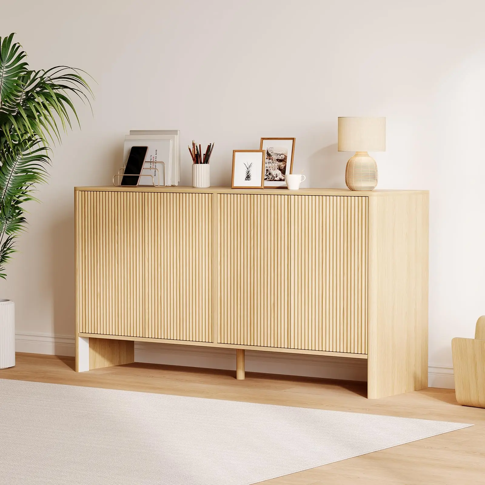Garvee 58-inch Ribbed Sideboard with Storage, Modern Storage Closet with 4 Ribbed Doors and Adjustable Shelves, Wooden Credenza Closet, Kitchen Console Table, Dining Room