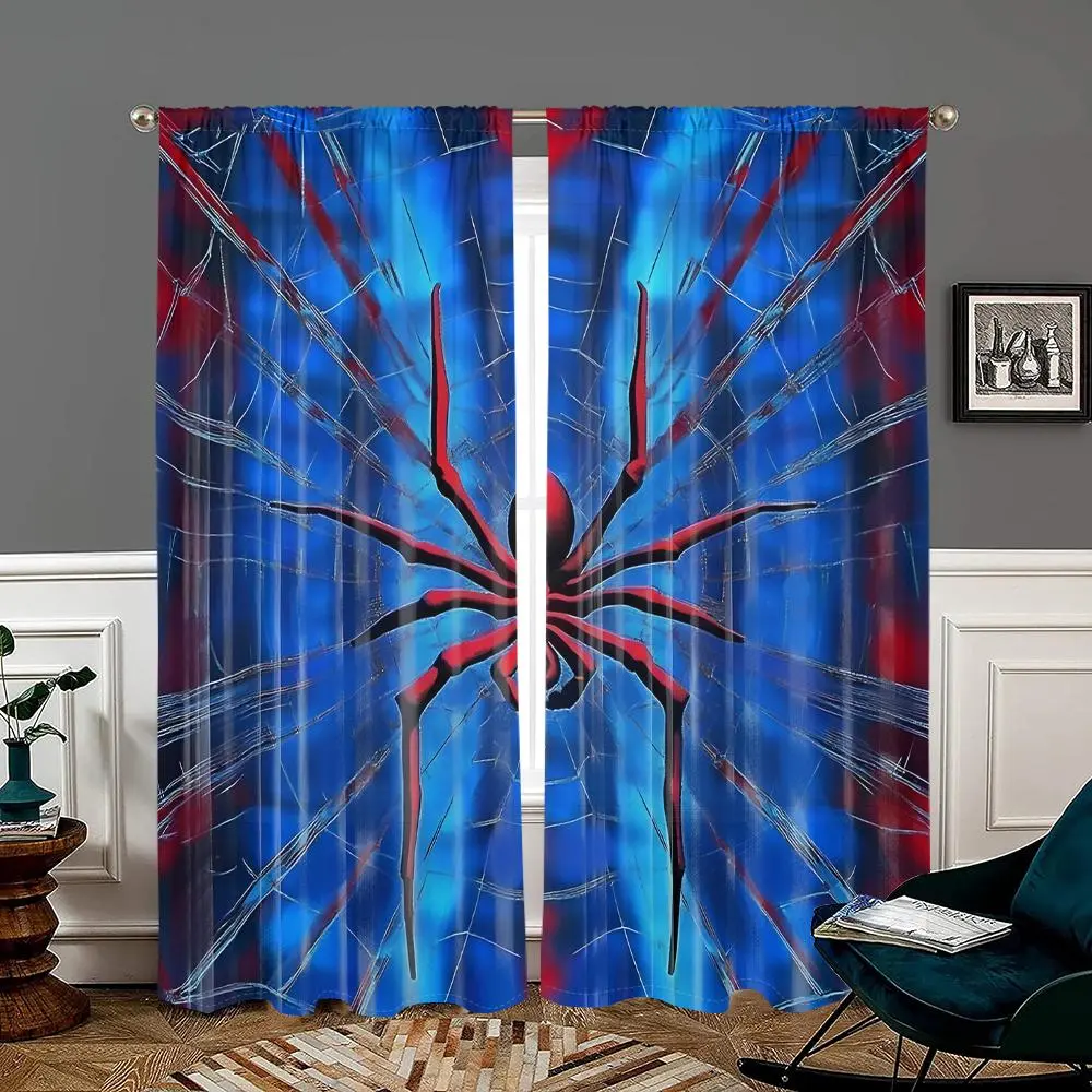 Spider Web Print Curtains, Superhero Theme, Lightweight Semi-Blackout, Polyester Fiber, Pole Pocket Installation, Home Decor for Bedroom Living Room Kitchen Study Coffee Shop